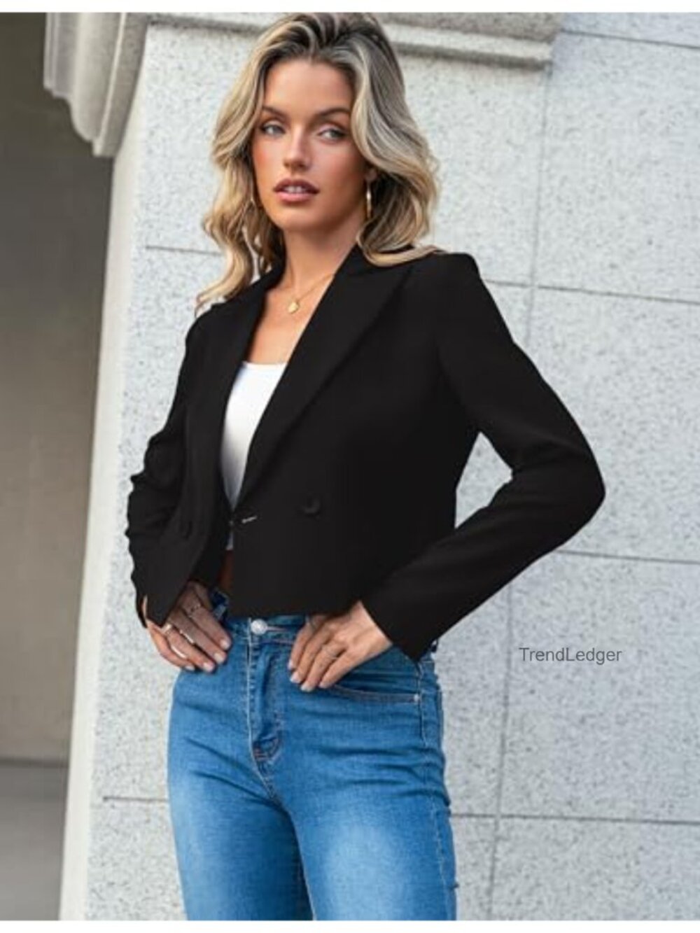 Women's Double-Breasted Cropped Blazer Long Sleeve Business Casual - Picture 3 of 4